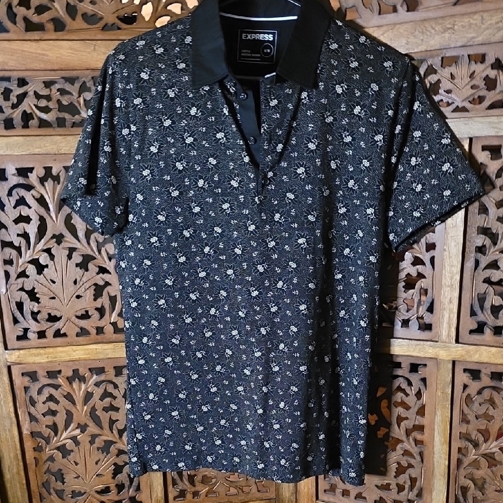 Express Black and White Patterned Polo Shirt
